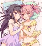  2girls akemi_homura black_hair breasts cleavage dress hair_ribbon hairband holding_hands kaname_madoka long_hair looking_at_each_other mahou_shoujo_madoka_magica midriff multiple_girls navel nightgown pillow pink_eyes pom_pom_(clothes) ribbon smile strap_slip twintails violet_eyes yuri yutsumoe 