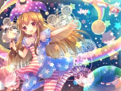  1girl american_flag_legwear american_flag_shirt blonde_hair canadian_flag clownpiece dutch_flag earth fairy_wings hat jester_cap long_hair magic_circle moon open_mouth pantyhose pjrmhm_coa red_eyes smile solo torch touhou very_long_hair wings 