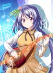  1girl biwa_lute flower hair_flower hair_ornament instrument lavender_hair low_twintails lute_(instrument) musical_note playing_instrument reimei_(r758120518) solo touhou tsukumo_benben twintails violet_eyes 