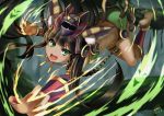  1girl animal_ears anklet bad_feet bangs barefoot bastet_(p&amp;d) black_hair blunt_bangs cat_ears cat_tail commentary_request dark_skin egyptian error fang green_eyes jewelry long_hair open_mouth puzzle_&amp;_dragons skirt smile solo tail wada_masanori 