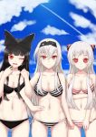  3girls air_defense_hime airfield_hime bikini black_bikini black_hair blush bow breasts cleavage clouds hair_bow hairband highres horns kantai_collection lace-trimmed_bikini locked_arms long_hair multiple_girls one_eye_closed pale_skin red_eyes rumaki seaplane_tender_hime shinkaisei-kan side-tie_bikini silver_hair smile striped striped_bikini striped_swimsuit swimsuit 