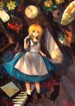  1girl absurdres aki_(wishtakeme) apron blonde_hair cat clock dagger flower grandfather_clock green_eyes highres instrument majo_no_ie piano skirt skirt_lift solo weapon 