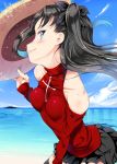  adapted_costume bare_shoulders beach black_hair black_legwear blue_eyes clouds cloudy_sky fate/stay_night fate_(series) hair_ribbon hat hat_removed headwear_removed lips long_hair long_sleeves pleated_skirt ribbon shiranagi side_glance skirt sky smile straw_hat thigh-highs tohsaka_rin toosaka_rin two_side_up 