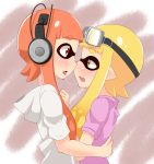  2girls after_kiss bangs blonde_hair blunt_bangs blush eye_contact eyebrows fang from_side goggles goggles_on_head headphones hoodie hug inkling long_hair looking_at_another multiple_girls open_mouth orange_eyes orange_hair saliva saliva_trail sidelocks splatoon tentacle_hair uni_mmtab yellow_eyes yuri 