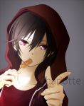  1boy black_hair charlotte_(anime) dango eating food highres hooded_jacket hoodie otosaka_yuu pointing red_eyes short_hair tsukimori_usako wagashi 