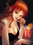  1girl bangs black_background black_dress breasts brown_eyes cherry cleavage cocktail cocktail_dress crazy_straw dress drink drinking earrings fingernails flower food fruit glass hair_flower hair_ornament head_tilt hurricane_glass jewelry long_fingernails looking_at_viewer marmalade_(elfless_vanilla) nail_polish nami_(one_piece) necklace one_piece orange_hair orange_slice parted_lips pendant peony_(flower) solo strapless strapless_dress table tattoo upper_body yellow_nails 