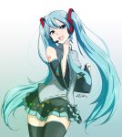  1girl 2015 absurdres aqua_hair artist_name blue_eyes dated detached_sleeves hatsune_miku headset highres long_hair necktie open_mouth skirt solo thigh-highs twintails very_long_hair vocaloid 