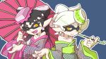  +_+ 2girls aori_(splatoon) black_hair brown_eyes earrings fangs food food_on_head highres holding hotaru_(splatoon) japanese_clothes jewelry kimono long_hair looking_at_viewer mask mole mole_under_eye multiple_girls object_on_head off_shoulder one_eye_closed open_mouth oriental_umbrella polka_dot rippoutai short_hair smile smoking_pipe splatoon standing tentacle_hair umbrella upper_body white_hair 