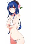  1girl bikini blue_hair blush breast_rest breasts food front-tie_top fruit hat hinanawi_tenshi large_breasts long_hair looking_to_the_side midriff navel peach red_eyes side-tie_bikini simple_background solo strap_gap swimsuit tetsurou_(fe+) touhou white_background 