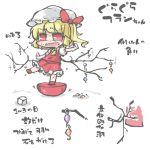  1girl balancing blonde_hair blush commentary_request flandre_scarlet kureha_mitsushige open_mouth red_eyes short_hair solo touhou translation_request 