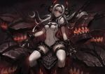  1girl air_defense_hime black_gloves breasts crazy_smile gloves gods_(1073337800) grin hairband highres horns kantai_collection long_hair no_nipples red_eyes shinkaisei-kan sitting smile solo white_hair white_skin wide_hips 