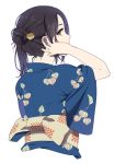  1girl black_hair brown_eyes hair_bun japanese_clothes kimono looking_back mattaku_mousuke nape obi original sash sidelocks solo upper_body yukata 