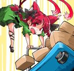  1girl animal_ears bow box braid cart cat_ears cat_tail hair_bow kaenbyou_rin multiple_tails open_mouth red_eyes redhead ribbon shinapuu short_hair smile solo tail touhou twin_braids 