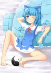  1girl 3: 3; ;( against_wall barefoot blue_eyes blue_hair blush bow cirno collared_shirt commentary dress feet frown hair_bow head_rub ice ice_wings igloo kyouran large_bow legs looking_at_viewer one_eye_closed orb shirt short_hair sitting snow solo spread_legs toes touhou wings yin_yang 