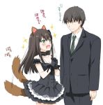  1boy 1girl animal_ears black_gloves blush breasts brown_hair business_suit cleavage dog_ears dog_tail dress earrings gloves green_eyes idolmaster idolmaster_cinderella_girls jewelry long_hair nakajima_yuka neck_garter necktie producer_(idolmaster_cinderella_girls_anime) shibuya_rin simple_background smile tail tail_wagging white_background 