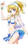  1girl artist_request ayase_eli bandana bikini blonde_hair blue_bikini blue_eyes earrings index_finger_raised jewelry looking_at_viewer love_live!_school_idol_project navel solo source_request star swimsuit transparent_background 
