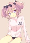  +_+ 1girl blue_eyes blush bow breasts buruma hair_bow hibari_(senran_kagura) highres kjula large_breasts looking_at_viewer open_mouth pink_hair senran_kagura senran_kagura_(series) short_hair short_twintails sketch solo symbol-shaped_pupils track_jacket twintails 