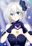  1girl anastasia_(idolmaster) blue_eyes breasts gloves heart heart_hands idolmaster idolmaster_cinderella_girls open_mouth project_krone short_hair silver_hair smile solo 