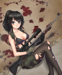  1girl absurdres black_gloves black_hair blue_eyes breasts cleavage cosplay front-tie_bikini front-tie_top gloves gun highres legs_together long_hair metal_gear_(series) metal_gear_solid_v mismatched_gloves pantyhose ponytail quiet_(metal_gear) quiet_(metal_gear)_(cosplay) rifle scope sniper_rifle solo torn_clothes torn_pantyhose under_boob weapon wild_paper yandere-chan yandere_simulator 