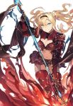  1girl armor belt bikini_armor black_gloves blonde_hair blue_eyes braid breasts cleavage cleavage_cutout duoyuanjun fire gloves granblue_fantasy grin hair_intakes hairband highres holding holding_weapon large_breasts long_hair navel polearm red_armor red_legwear simple_background smile solo spear thigh-highs twin_braids twintails weapon white_background zeta_(granblue_fantasy) 