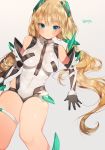  1girl angela_balzac bangs bare_shoulders blonde_hair blue_eyes blush breasts covered_navel elbow_gloves gloves headgear large_breasts leotard long_hair looking_at_viewer low_twintails rakuen_tsuihou solo sorolp thigh_strap twintails very_long_hair 