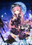  1girl baiguiyu bat belt blood blood_from_mouth blood_on_breasts breasts cleavage full_moon hat long_hair looking_at_viewer megurine_luka moon pink_hair purple_legwear red_eyes smile solo thigh-highs very_long_hair vocaloid 