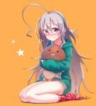  1girl ahoge blush braid hoodie hoshi_shouko hug huge_ahoge idolmaster idolmaster_cinderella_girls knees_together_feet_apart long_hair mugcan mushroom no_pants silver_hair simple_background sitting smile socks solo stuffed_toy sweater very_long_hair violet_eyes 