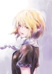  1girl amamitsu_kousuke blonde_hair gradient gradient_background green_eyes looking_at_viewer looking_back mizuhashi_parsee open_mouth pointy_ears portrait scarf shirt short_hair short_sleeves solo touhou 