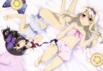  2girls absurdres barefoot bed black_hair blonde_hair blush fate/kaleid_liner_prisma_illya fate_(series) feet from_above hair_ornament hair_ribbon headband highres illyasviel_von_einzbern legs lingerie long_hair looking_at_viewer lying magical_ruby magical_sapphire miyu_edelfelt multiple_girls navel nyantype on_back on_side pillow red_eyes ribbon short_hair toes underwear underwear_only yellow_eyes 
