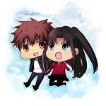  1boy 1girl chibi coat couple emiya_shirou fate/stay_night fate_(series) happy jumping long_hair long_sleeves miniskirt open_mouth pantyhose short_hair side_ponytail simple_background skirt smile tohsaka_rin toosaka_rin 