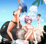 absurdres alternate_costume alternate_hairstyle arm_support beach bikini black_bikini black_hair blouse blue_eyes blue_hair breasts double_bun from_behind halterneck highres kantai_collection kirishima_(kantai_collection) long_hair looking_at_viewer midriff open_blouse open_clothes pink_hair ponytail popsicle revealing_clothes sazanami_(kantai_collection) short_hair short_ponytail sitting sling_bikini swimsuit thighs tongue urakaze_(kantai_collection) 