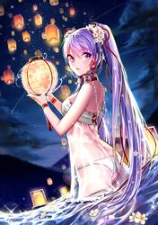  1girl braid choker floral_print flower hair_flower hair_ornament hair_ribbon highres honnou_(kjs9504) jewelry lantern long_hair necklace night night_sky original panties paper_lantern purple_hair ribbon see-through sky sky_lantern solo standing star_(sky) tears twintails underwear very_long_hair violet_eyes wading white_panties wrist_ribbon 