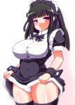  1girl beatmania beatmania_iidx black_hair black_legwear blush breasts covered_navel highres hinazuki_ririna initiative large_breasts long_hair looking_at_viewer maid maid_headdress parted_lips pink_eyes skirt skirt_lift solo thigh-highs thighs underbust 