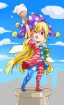  1girl american_flag_legwear american_flag_shirt blonde_hair clownpiece food hat highres ice_cream jester_cap long_hair one_eye_closed pantyhose shinapuu smile solo star statue_of_liberty striped tongue tongue_out touhou very_long_hair 