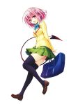  1girl :d absurdres bag black_legwear blazer demon_tail flower hair_flower hair_ornament highres loafers momo_velia_deviluke open_mouth pink_eyes pink_hair plaid plaid_skirt pleated_skirt scan school_bag school_uniform shoes short_hair simple_background skirt smile solo tail thigh-highs to_love-ru to_love-ru_darkness white_background yabuki_kentarou zettai_ryouiki 