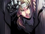  1boy angry bandaged_head bandages blonde_hair clenched_teeth edward_elric fullmetal_alchemist howoona long_hair looking_at_viewer male_focus mechanical_arm solo yellow_eyes 