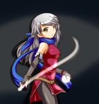  1girl a-ktoo bare_shoulders belt black_background black_gloves black_legwear blue_scarf cowboy_shot dress elbow_gloves fingerless_gloves fire_emblem fire_emblem:_akatsuki_no_megami gloves hair_ribbon long_hair magic micaiah pantyhose ribbon scarf serious side_slit silver_hair simple_background sleeveless sleeveless_dress solo yellow_eyes 