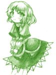  1girl arm_support blush japanese_clothes mizuhashi_parsee monochrome pointy_ears solo touhou yuran_(kuen-hien) 