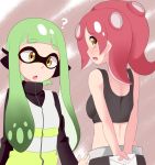  2girls ? agent_3 arms_behind_back bike_shorts blush brown_eyes confession domino_mask fang from_behind green_hair headgear inkling letter long_hair long_sleeves looking_at_viewer looking_back love_letter mask mask_removed midriff multiple_girls octarian open_mouth pointy_ears redhead splatoon takozonesu tank_top tentacle_hair turtleneck uni_mmtab vest yuri 