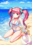  1girl arm_support ball barefoot beach bikini blush bracelet breasts cleavage green_eyes hair_ornament highres jewelry long_hair navel ocean original pink_hair see-through sitting sky smile solo striped striped_bikini striped_swimsuit swimsuit twintails wariza water 