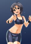  1girl :d absurdres antenna_hair bare_shoulders bike_shorts black_hair blush body_blush breasts cleavage collarbone flying_sweatdrops groin highres idolmaster kikuchi_makoto looking_at_viewer midriff navel open_mouth shiny shiny_clothes shiny_hair shiny_skin short_hair smile solo sports_bra sweat violet_eyes wristband yumekaranigeruna 