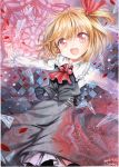  1girl ascot blonde_hair dated fang hair_ribbon long_sleeves looking_at_viewer mosho open_mouth outstretched_arms paint_(medium) red_eyes ribbon rumia shirt signature skirt skirt_set smile solo touhou traditional_media vest watercolor_(medium) 