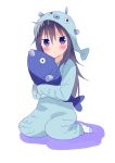  1girl animal_costume bodysuit fish_costume hair_down hijiki_(hijikini) himouto!_umaru-chan long_hair looking_at_viewer motoba_kirie purple_hair seiza simple_background sitting socks solo stuffed_animal stuffed_toy violet_eyes white_background 