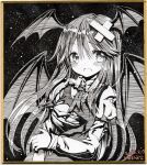  1girl bat_wings crossed_bandaids dated head_wings koakuma long_hair monochrome mosho necktie nib_pen_(medium) open_mouth shikishi signature solo tearing_up torn_clothes touhou traditional_media wings 