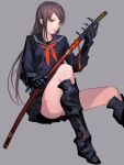  1girl ass boots brown_eyes brown_hair grey_background hair_ornament hairpin katana knee_boots long_hair mechanical_arm ochurucchuru original school_uniform serafuku sheath sheathed simple_background solo sword upskirt weapon 