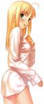  1girl ahoge blonde_hair dress_shirt embarrassed fate/stay_night fate_(series) green_eyes highres long_hair looking_at_viewer naked_shirt open_mouth saber shirt shirt_only solo transparent_background 