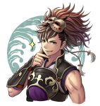  1boy armor brown_eyes brown_hair fire_emblem fire_emblem_if frontier_town gauntlets hinata_(fire_emblem_if) mask ponytail scar solo white_background 