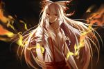  1girl bow flame fujiwara_no_mokou hair_bow long_hair looking_at_viewer pants red_eyes shirt silence_girl silver_hair solo suspenders torn_clothes torn_sleeves touhou very_long_hair 