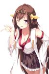  1girl ;p absurdres ahoge bare_shoulders brown_hair collarbone cowboy_shot detached_sleeves double_bun frilled_skirt frills hairband hand_on_hip headgear highres kantai_collection kongou_(kantai_collection) leaning_forward long_hair looking_at_viewer mosquito_coils nontraditional_miko one_eye_closed pointing simple_background skirt smile solo tongue tongue_out violet_eyes white_background 