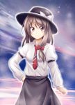 1girl bow brown_eyes brown_hair hair_bow hand_on_hip hat hat_bow necktie reimei_(r758120518) solo touhou usami_renko 